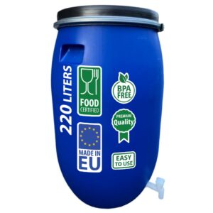 AGROHIT Regentonne 220 l, Weithalsfass aus Kunststoff, Kunststoffbehälter zur Aufbewahrung von Regenwasser, mit Deckel, Metallring & Wasserhahn, Lebensmittelecht, Regenfass, Blau