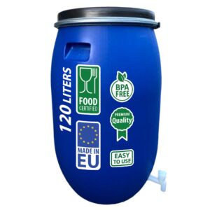 AGROHIT Weithalsfass 120 l, Fass mit Deckel, Metallring & Griffen, Lebensmittelechtes Deckelfass, für Transport & Aufbewahrung von Lebensmitteln oder Wasser, Kunststoffbehälter für Trinkwasser, Blau