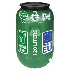 F & R Wasserkanister mit Hahn 120 Liter aus HDPE I I Regentonne mit Deckel I Kanister Hahn I Wasserbehälter mit Hahn I Wassertank I Fass mit Deckel I Regenwassertank Grün