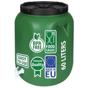 F & R Wasserkanister mit Hahn 60 Liter aus HDPE I I Regentonne mit Deckel I Kanister Hahn I Wasserbehälter mit Hahn I Wassertank I Fass mit Deckel I Regenwassertank Grün