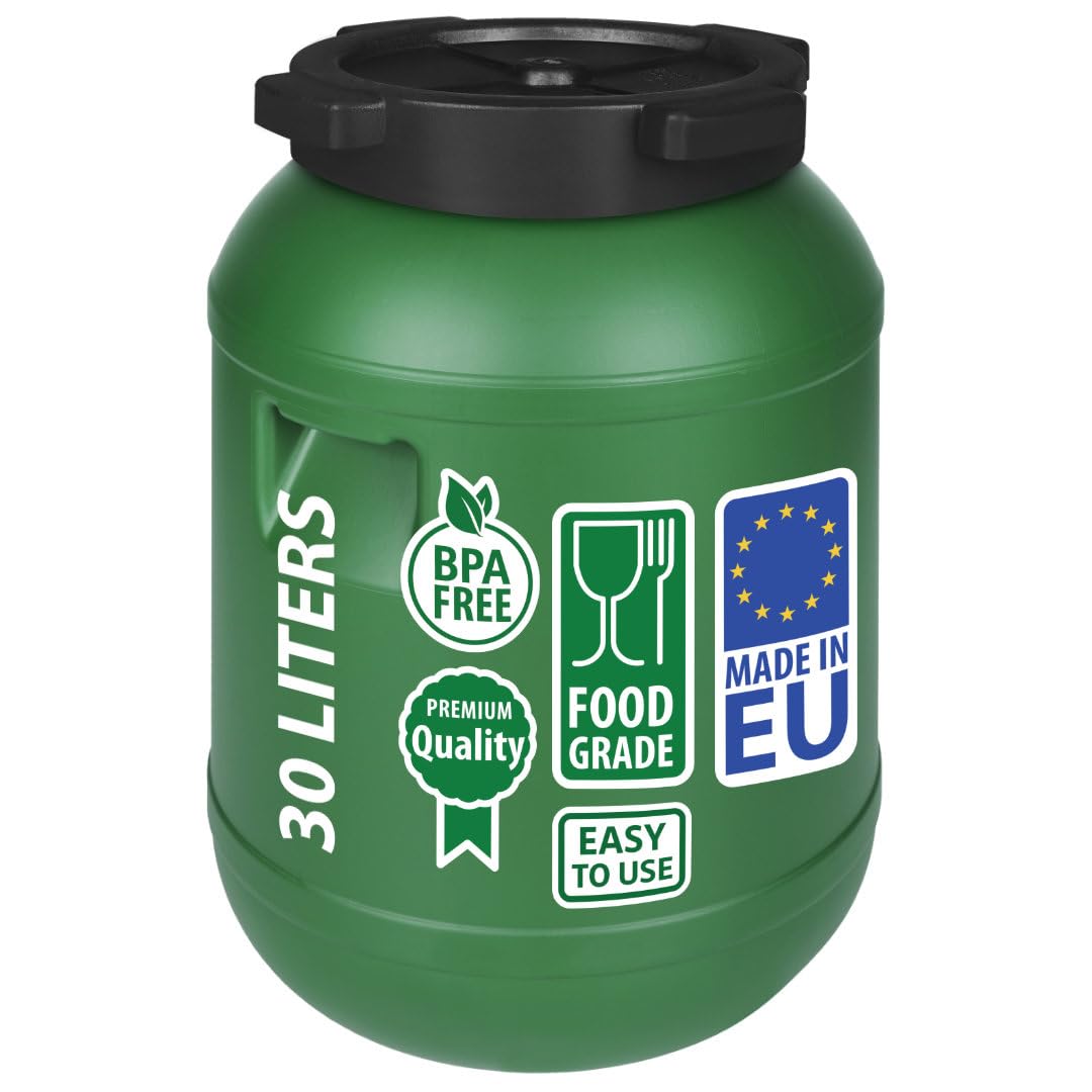 F & R Kleines Fass 30 Liter aus HDPE zur Aufbewahrung I Futtertonne Pferd I Wassertank Weithalsfass mit Deckel I Wasserfass I Sauerkrautfass I Gurkenfass Gärfass I Maischefass