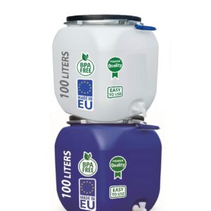 Agrohit Weithalsfass, 100 Liter Fass, Futtertonne, Sauerkrautfass, Regenfass aus Kunststoff, Deckelfass mit Zapfhahn & Bequemen Griffen, Leicht zu Transportieren