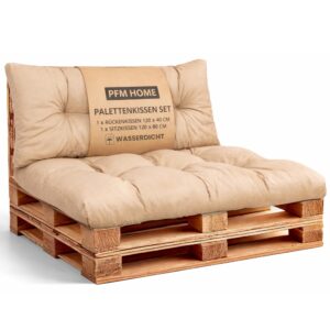 PFM HOME Palettenkissen wasserdicht – Rückenkissen 120x40 + Sitzkissen 120x80 – Beige