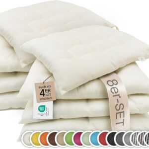 ZOLLNER 8er Set Sitzkissen in 40x40cm - gemütliche Stuhlkissen mit Bindebänder - waschbar bis 30°C - in Creme - Oeko Tex® Zertifiziert