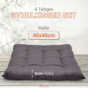 NatureMark 4er Set Stuhlkissen mit Bändern 40x40 cm – Gefüllte Sitzkissen, Outdoor & Indoor – Anthrazit Grau