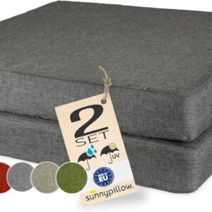 sunnypillow 2er Set Stuhlkissen 40 x 40 cm wasserdicht UV-lichtecht 7cm dick - Outdoor Polsterauflage mit Bändern - Auflage für Stühle,Bänke - Sitzkissen Stuhlauflage für Haus und Garten - Anthrazit