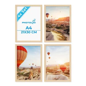 PHOTOLINI Bilderrahmen A4 Holz MDF Natur, 4er Set DIN A4 Bilderrahmen 21x30 cm, bruchsicheres Acrylglas, picture frame zum Aufhängen & Aufstellen, Rahmen mit Zubehör 30x21 für Fotos & Poster