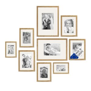 PHOTOLINI Echtholz-Bilderrahmen-Set mit Passepartout, 9er Rahmenset, Eiche, Holzrahmen Made in EU, bruchsicheres Acrylglas, zum Aufhängen, extra Zubehör - für Fotos & Bilder