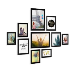 PHOTOLINI Bilderrahmen Set Schwarz, Fotorahmen Holz MDF, 10er Bilderrahmenset Wand Collage, photo frames for wall mit Acrylglas aufhängen, schwarze Bilderrahmen Set verschiedene Größen mit Zubehör