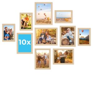 PHOTOLINI Bilderrahmen Set verschiedene Größen, Bilderwand Collage 10 Rahmen, Bilderrahmen-Set Natur Holz MDF zum Aufstellen & Aufhängen, Acrylglas, photo frames for wall 10x15, 13x18 & 15x20 cm
