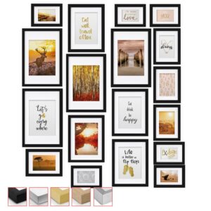 bomoe 18er Bilderrahmen Set – 6x 10x15 cm, 4x 13x18 cm, 4x 18x24 cm, 4x 20x30 cm Fotowand Bilder Set Holz & Kunststoffglas Holzbilderrahmen mit Passepartout Schwarz
