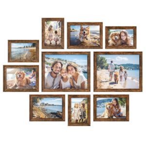 SONGMICS Bilderrahmen 10er Set, 16 Passepartouts, zwei 20 x 25 cm, vier 13 x 18 cm, vier 10 x 15 cm, aufhängen, aufstellen, Glas, 12 spurlose Wandhaken, vintagebraun RPF049X01