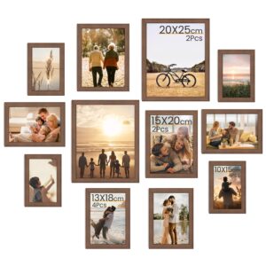 12er Bilderrahmen Set verschiedene Größen, Bilderwand Collage zum Aufstellen & Aufhängen, Fotorahmen aus Leichtem Kunststoff mit Acrylglas, Fotocollage for Wall 10x15, 13x18, 15x20 & 20x25 cm, Walnuss