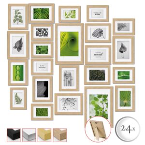 bomoe 24er Bilderrahmen Set Nature – 10x 10x15 cm, 8X 13x18 cm, 4X 15x20 cm, 2X 20x30 cm Fotorahmen Collage Bilderrahmen mit Passepartout - Bilder Rahmen aus Holz & Kunststoff Fotowand Eiche