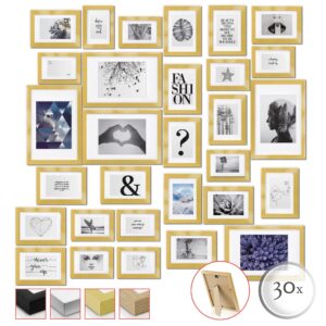 bomoe 30tlg Bilderrahmen Set Verschiedene Größen 10x 10x15cm, 15x 13x18cm, 5x 20x30cm – Bilderrahmen Collage Holz Set Fotowand Fotorahmen Gold inkl. Passepartout & Aufsteller – Emotion