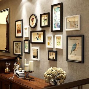 Antspertor 14-teiliges Bilderrahmen Set verschiedene Größen mit Dekorativbildern, Wanddekoration für Wohnzimmer,Schlafzimmer, Büro, ideal für Fotocollagen, kreative Raumgestaltung(Schwarz/Weiß)