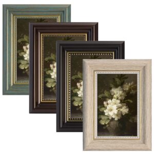 4 Stück Bilderrahmen Vintage Set, 10x15 cm Bilderrahmen Retro Quadrat, Fotorahmen zum Aufstellen und Aufhängen, Fotorahmen für Wohnzimmer, Schlafzimmer, Galerie (Schwarz, Kaffee, Holzweiß, Grün)