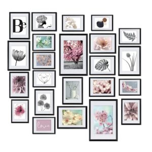 BOMOE Blossom Bilderrahmen, 24-teilig, 10 x 10 x 15 cm, 8 x 13 x 18 cm, 4 x 15 x 20 cm, 2 x 20 x 30 cm, für Fotocollagen – Bilderrahmen mit Passepartout – Wanddekoration aus synthetischem Material