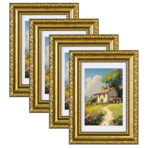 HBselect 4er Bilderrahmen Set 10x15cm Gold Fotorahmen, 10x15cm rustikaler Retro-Fotorahme, Vintage Kunststoffrahmen im Barockstil