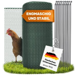 SELFmania Hühnerzaun 25m lang 120cm hoch GRÜN [TESTSIEGER] inkl. 21x Stäbe & 25x Erdanker | ENGMASCHIG STABIL UV-SCHUTZ | Freilaufgehege Hühner | Weidezaun, Kleintiere, Geflügelzaun, Hundezaun