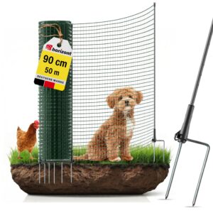 horizont Hundezaun 50 m x 90 cm, 30 Pfähle mit Doppelspitze, engmaschig – Begrenzungszaun FIX – Gartenzaun zum Stecken, Weidezaun, Hühnerzaun – Mobiler Zaun für Hunde & Camping