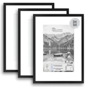 CLAMARO 'COLLAGE 20' 3er Set Bilderrahmen 30x40 cm Bildmaß | Schwarz Matt | Inkl. Passepartout für Din A4 Bilder (21 x 29,7 cm) | 20 mm breiter Slim Design MDF-Holz Rahmen mit Acrylglas