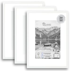 CLAMARO 'COLLAGE 20' 3er Set Bilderrahmen 30x40 cm Bildmaß | Weiss Matt | Inkl. Passepartout für Din A4 Bilder (21 x 29,7 cm) | 20 mm breiter Slim Design MDF-Holz Rahmen mit Acrylglas