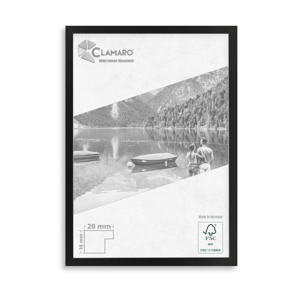 CLAMARO 'COLLAGE 20' Bilderrahmen 34x48 handgefertigt nach Maß | Schwarz Matt | Moderner 20 mm breiter slim Design MDF Holzbilderrahmen inkl. Acrylglas, Rückwand und Aufhänger