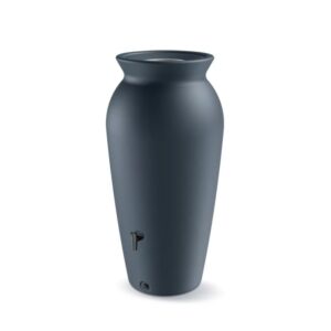 BirnePower Velcan Regentonne 120L Anthrazit – Dekoratives Regenfass in antiker Amphoren-Optik mit Filtereinsatz, Ø 49 cm schmaler Wasserspeicher für Garten & Terrasse