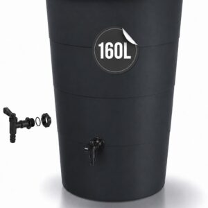 Tymar Regentonne Anthrazit, Regenfass 160L, Wassertonne mit Wasserhahn, Regenwassertank für Garten & Balkon, Regenwassertonne Ø60x88cm_IDSM