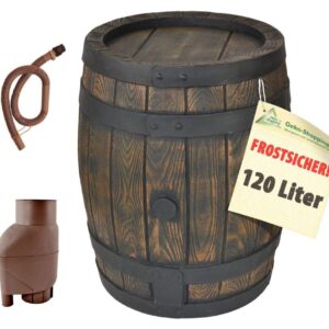 REGENTONNE EICHENFASS 120 Liter inkl. Befüll - und Entnahmeset braun REGENFASS Wasserfass REGENWASSERTONNE Wassertonne - FROSTSICHERES Gartenfass für Regenwasser u.v.m. in Holz-Optik