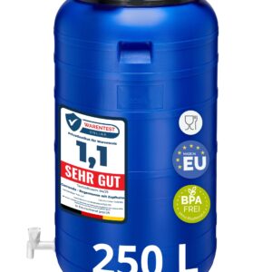 Garronda 250 Liter Weithalsfass BPA-frei Futtertonne Fass mit Hahn Universalfass Lebensmittel Fass Regenfass für Garten Regentonne mit Deckel Regenwassertonne für Garten Wassertonne GD-0092 Blau
