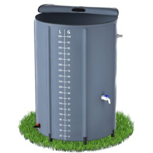 QEENTOE Regenwassertonne Faltbar Wassertank Regenfass mit Ablassventil & Stützstangen Regentonne mit Deckel Regenwassertank Wassertank mit Volumen-Skala Wetterfeste - 380L - Grau - mit Wasserhahn