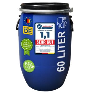 plasteo® 60 L Weithalsfass mit Spannverschluss | Lebensmittelecht | Universalfass | Futtertonne | Regen Maische Tierfutter Trinkwasser Camping Lagerfass | Stapelbar | Blau