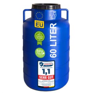 Plasteo® 60 Liter Weithalsfass Blau Rund mit Deckel und Henkeln, Lebensmittelecht und BPA-Frei, Futtertonne Kunststofffass Universalfass Deckelfass Wasserfass Regentonne Lagerfass