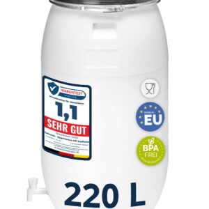 Garronda 220 Liter Regentonne mit Deckel mit Hahn Weithalsfass aus HDPE Regenfass für Garten Fass Regenwassertonne Futtertonne Wasserbehälter Universalfass Wasserfass Wassertank GD-0091 Weiß