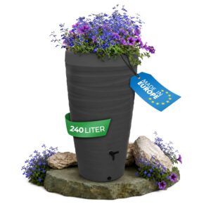 YourCasa Regentonne 240 Liter [Wave Design] Regenfass Frostsicher aus Kunststoff - Regenwassertonne mit Wasserhahn - Regenwassertank Garten Regenwassersammler Wasserfass Regentonne schmal (Anthrazit)