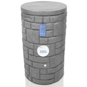 YourCasa Regentonne 230 Liter [StoneRain] mit Metallgewinde und Deckel in Steinoptik - Regenfass Frostsicher aus Kunststoff - Regenwassertonne - Regenwassertank Garten Wassertank Regensammler (Grau)