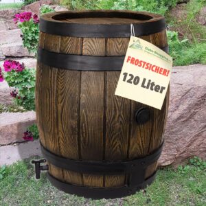 AMUR Regentonne Eichenfass 120 Liter REGENFASS FROSTSICHERES Regenfass mit Deckel und Wasserhahn, schöner Fast unverwüstlicher Regenspeicher Braun