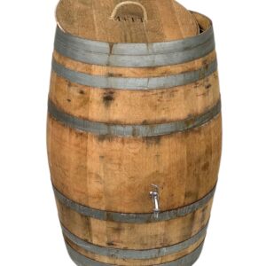 Temesso Regentonne mit Deckel, Regenfass Holzfass, Weinfass, Tonne, Eiche 225 Liter Wasserfass - original Fass (Deckel Kordel/Seilgriff + Wasserhahn)