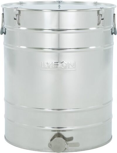 LYSON Abfüllbehälter 100l (ca. 140 kg) für Honig Abfülleimer mit rostfreiem Quetschhahn Edelstahl 6/4" Absetzbehälter zum Honigaufbewaren Abfüllkübel mit Deckel, Griffen, Halterungen und Dichtung