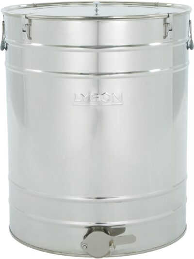 LYSON Abfüllbehälter 200l (ca. 280 kg) für Honig Abfülleimer mit rostfreiem Quetschhahn Edelstahl 2" Absetzbehälter zum Honigaufbewaren Abfüllkübel mit Deckel, Griffen, Halterungen und Dichtung