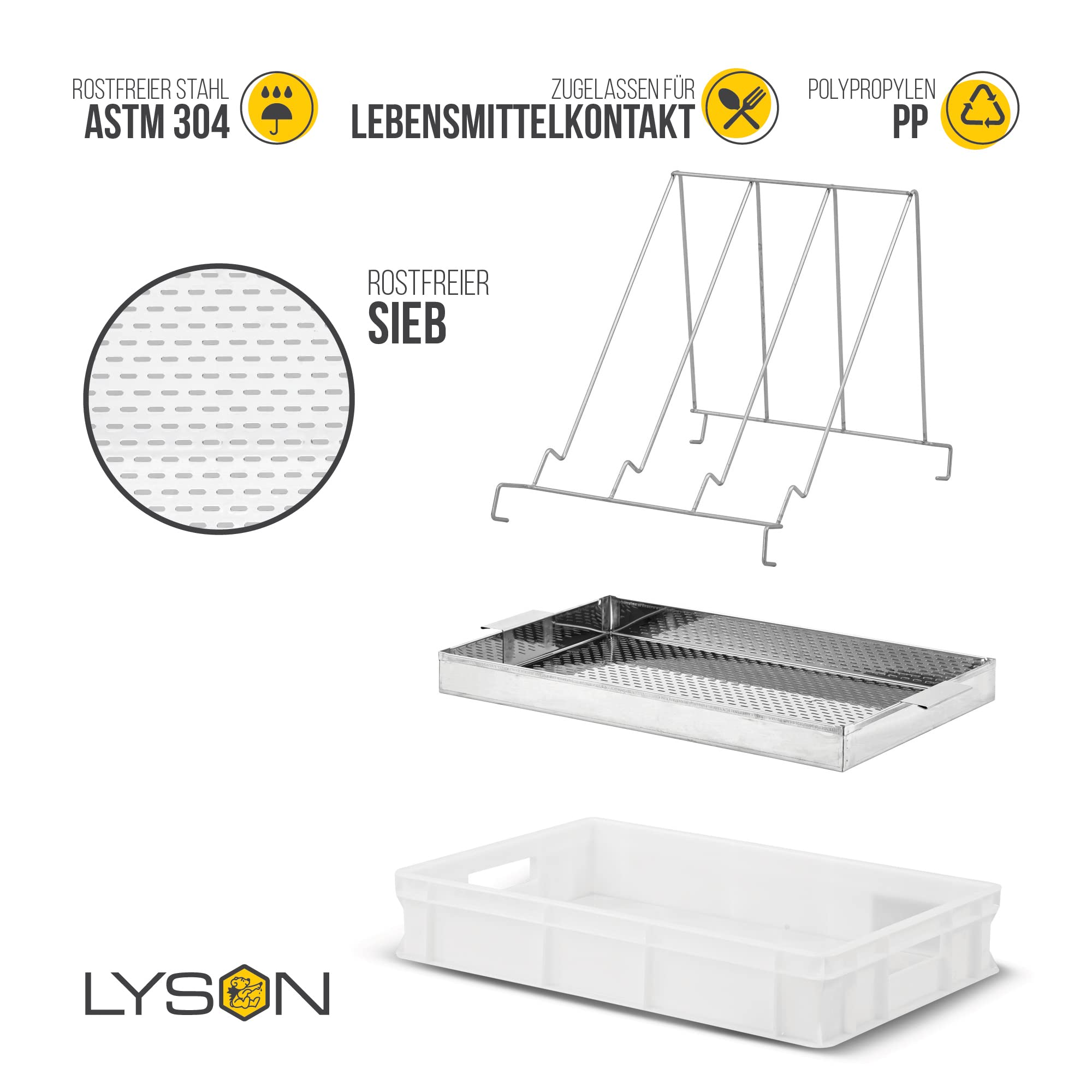 LYSON Entdeckelungsgeschirr Entdeckelungswanne aus Kunststoff mit Edelstahlsieb und Universalrahmenständer aus Edelstahl Imkereibedarf Imkerausstattung 10 cm hoch - Image 5
