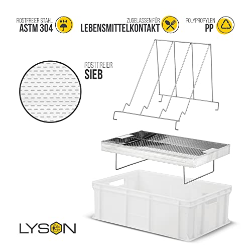 LYSON Entdeckelungsgeschirr Entdeckelungswanne aus Kunststoff mit Edelstahlsieb und Universalrahmenständer aus Edelstahl Imkereibedarf Imkerausstattung 20 cm hoch - Image 6