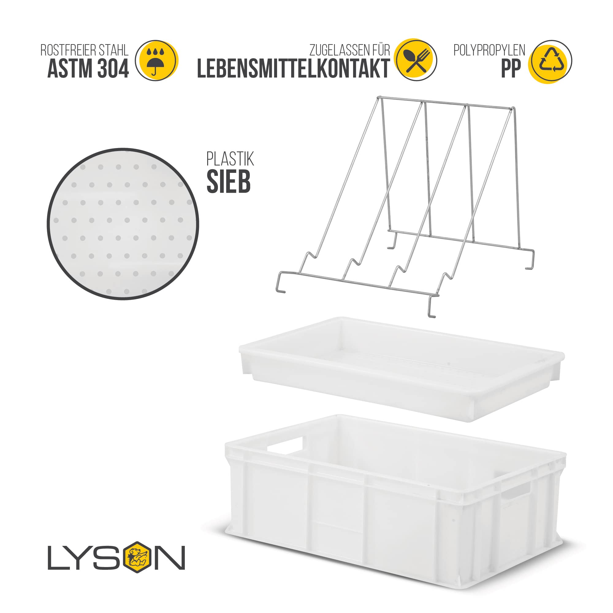 LYSON Entdeckelungsgeschirr Entdeckelungswanne aus Kunststoff mit Kunststoffsieb und Universalrahmenständer aus Edelstahl, 20 cm hoch Imkerzubehör Imkereiausstattung - Image 5