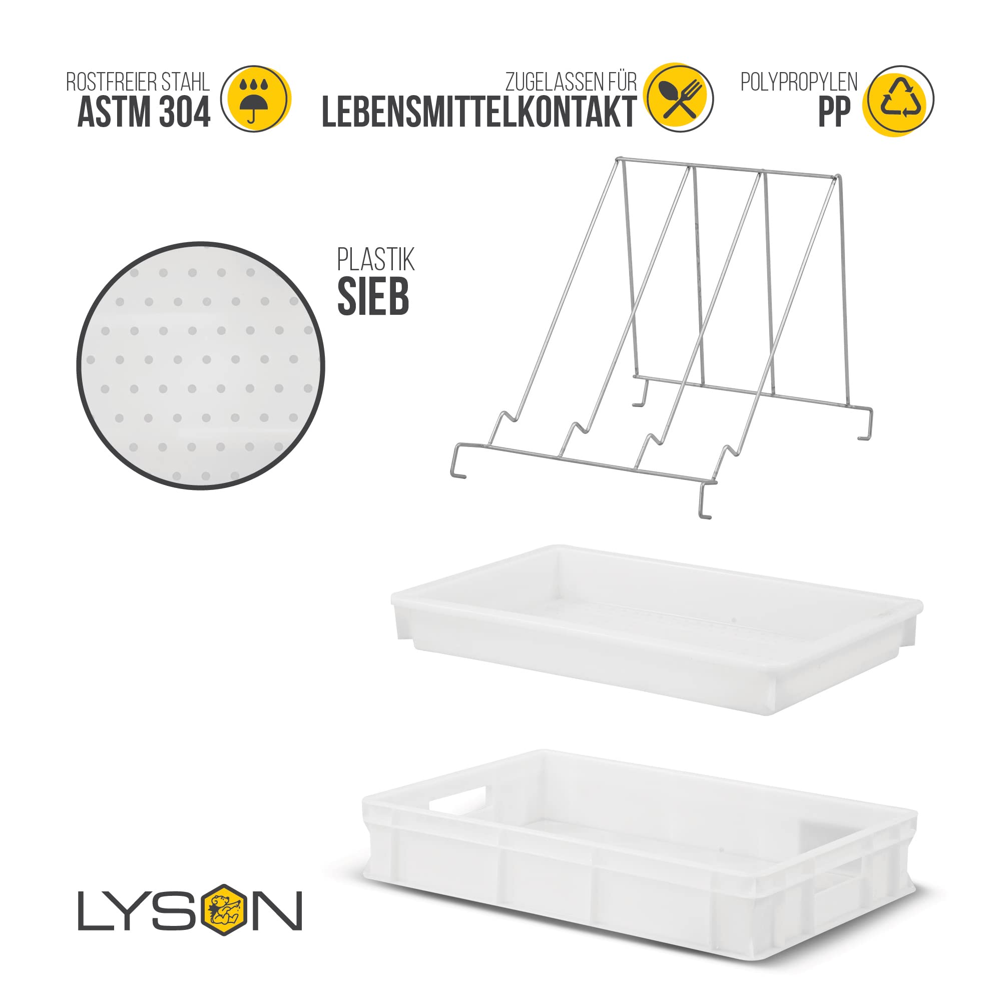 LYSON Entdeckelungsgeschirr Entdeckelungswanne aus Kunststoff mit Kunststoffsieb und Universalrahmenständer aus Edelstahl Imkereibedarf Imkerausstattung 10 cm hoch - Image 5