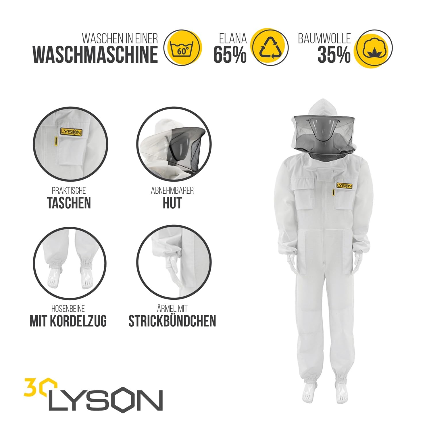 LYSON Imkeranzug aus Mesh und Baumwolle Imkeroverall mit abnehmbarem Hut belüftet Imkerbekleidung, Imkerjacke mit Reißverschluss Grösse M - Image 2