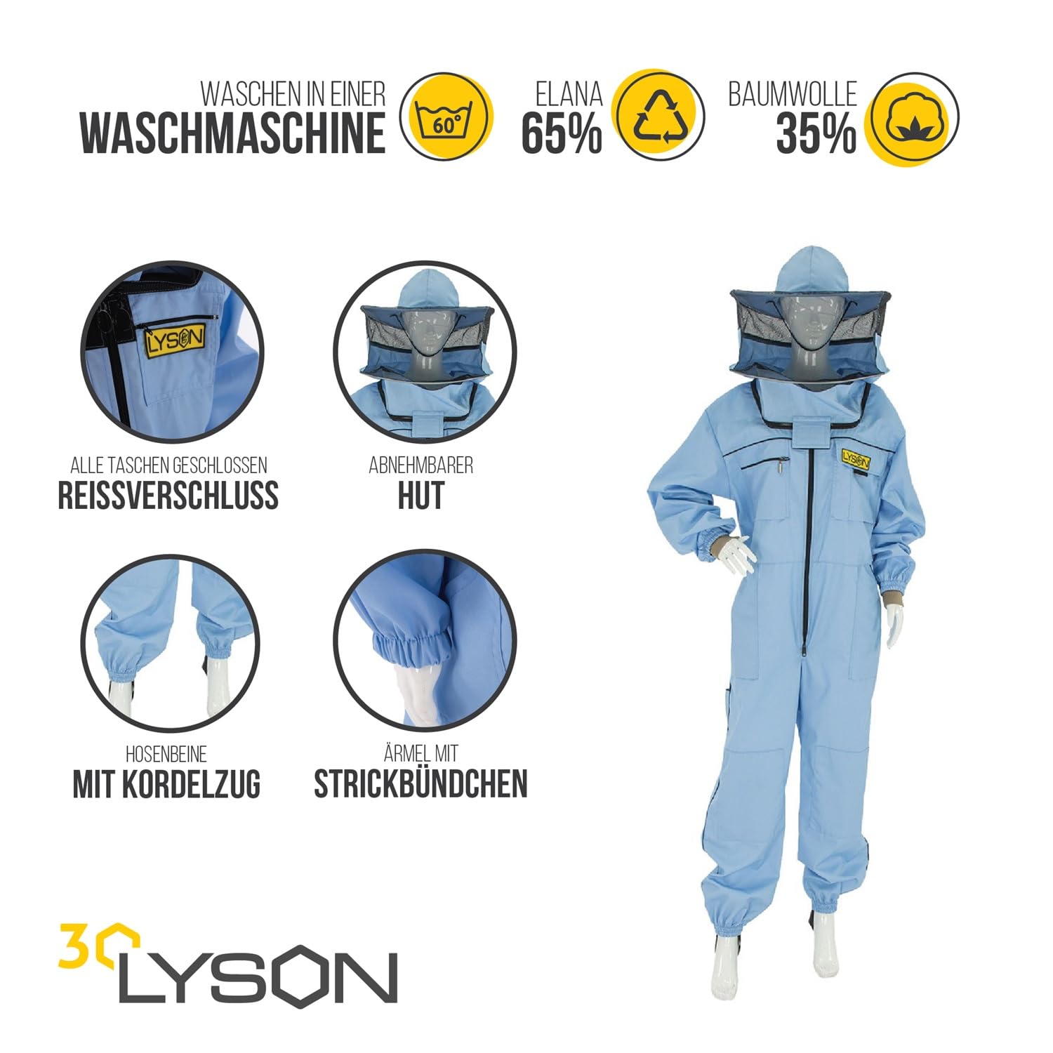 LYSON Imkeranzug mit Schleier, Bündchen an den Ärmeln und Beinen Imkeroverall Professionelle Imkerbekleidung mit abnehmbarem Hut, abnehmbarer Mütze Blau Grösse XS - Image 2