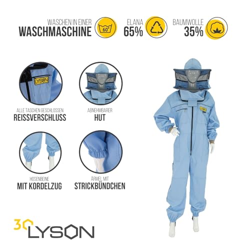 LYSON Imkeranzug mit Schleier, Bündchen an den Ärmeln und Beinen Imkeroverall Professionelle Imkerbekleidung mit abnehmbarem Hut, abnehmbarer Mütze Blau Grösse XS - Image 4