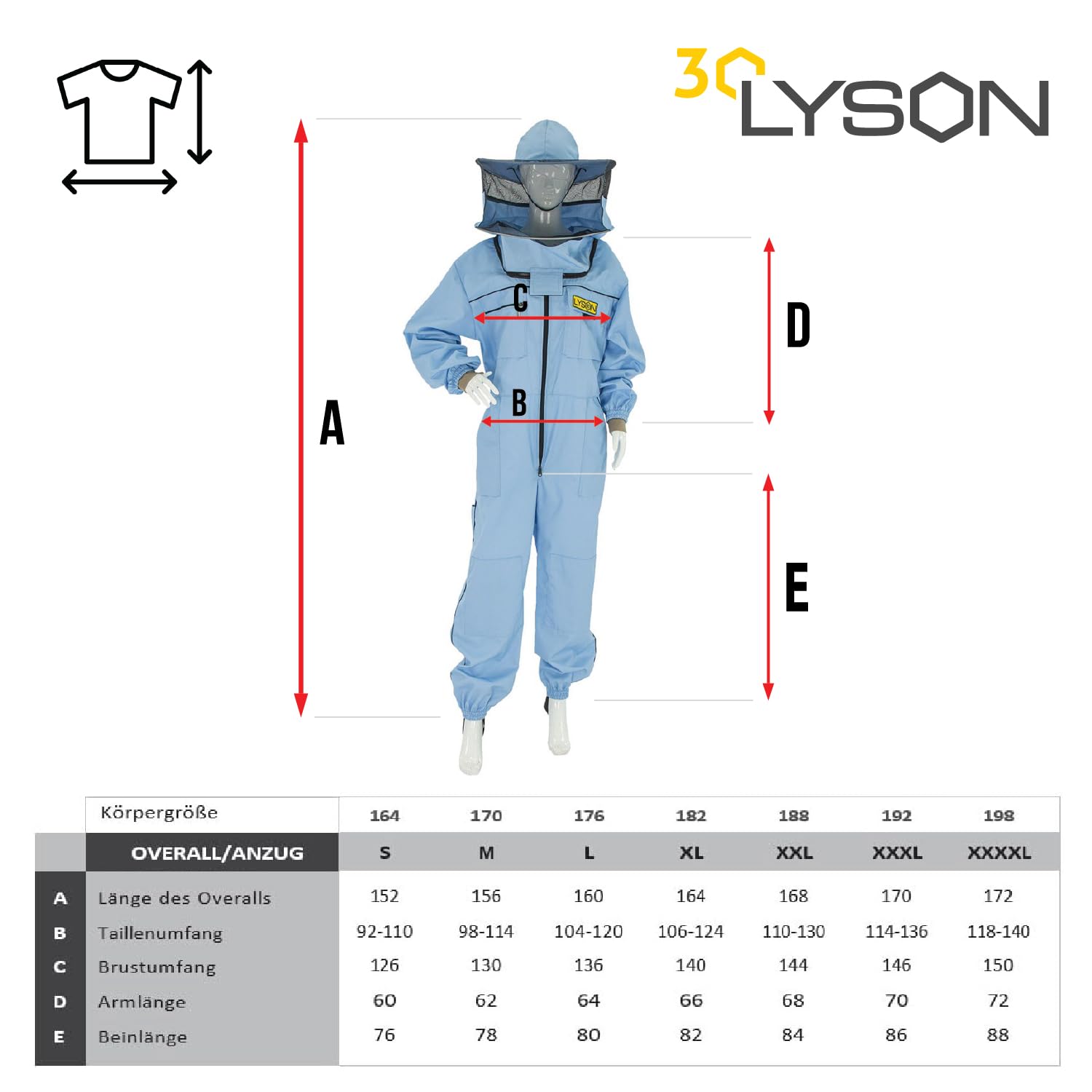 LYSON Imkeranzug mit Schleier, Bündchen an den Ärmeln und Beinen Imkeroverall Professionelle Imkerbekleidung mit abnehmbarem Hut, abnehmbarer Mütze Blau Grösse XS - Image 5